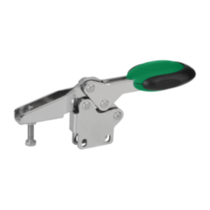 Ginocchiera di serraggio rapido orizzontale con chiusura di sicurezza con piede perpendicolare e mandrino pressore regolabile, acciaio inox Ginocchiera di serraggio rapido orizzontale con chiusura di sicurezza con piede perpendicolare e mandrino pressore regolabile, acciaio inox