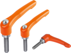 Clamping levers, die-cast zinc, with external thread and protective cap, pure orange satin finish, thread insert stainless steel Clamping levers, die-cast zinc, with external thread and protective cap, pure orange satin finish, thread insert stainless steel