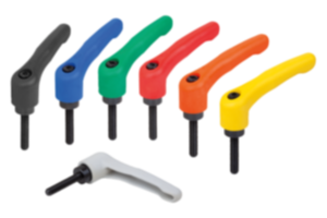 Maniglie a leva in plastica con filettatura esterna, inserto filettato in acciaio brunito Maniglie a leva in plastica con filettatura esterna, inserto filettato in acciaio brunito