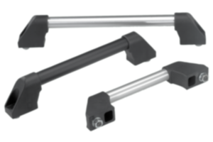 Maniglie tubolari in alluminio con supporti laterali in plastica, inclinate su entrambi i lati