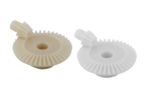 Ingranaggi conici in plastica, rapporto di trasmissione 1:4 stampati a iniezione, dentatura diritta, angolo di pressione 20° Ingranaggi conici in plastica, rapporto di trasmissione 1:4 stampati a iniezione, dentatura diritta, angolo di pressione 20°