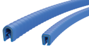 Profili paraspigoli in silicone con fascetta di fissaggio integrata in acciaio inox conformi alle normative FDA Profili paraspigoli in silicone con fascetta di fissaggio integrata in acciaio inox conformi alle normative FDA