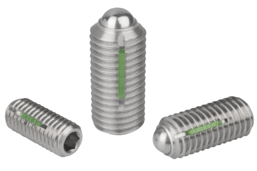Pressori a molla con esagono incassato e sfera, acciaio inox, con frenafiletto, inch