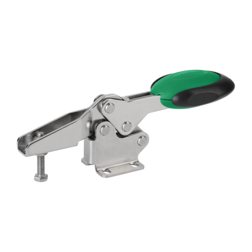 Dispositivo di serraggio rapido orizzontale con chiusura di sicurezza con piede orizzontale e mandrino pressore regolabile, acciaio inox