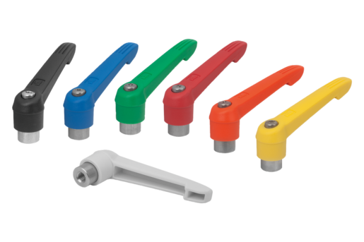 Maniglia a leva con filettatura interna e impugnatura in plastica, elementi in acciaio inox