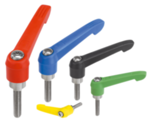 Maniglia a leva con filettatura esterna e impugnatura in plastica, elementi in acciaio inox, inch