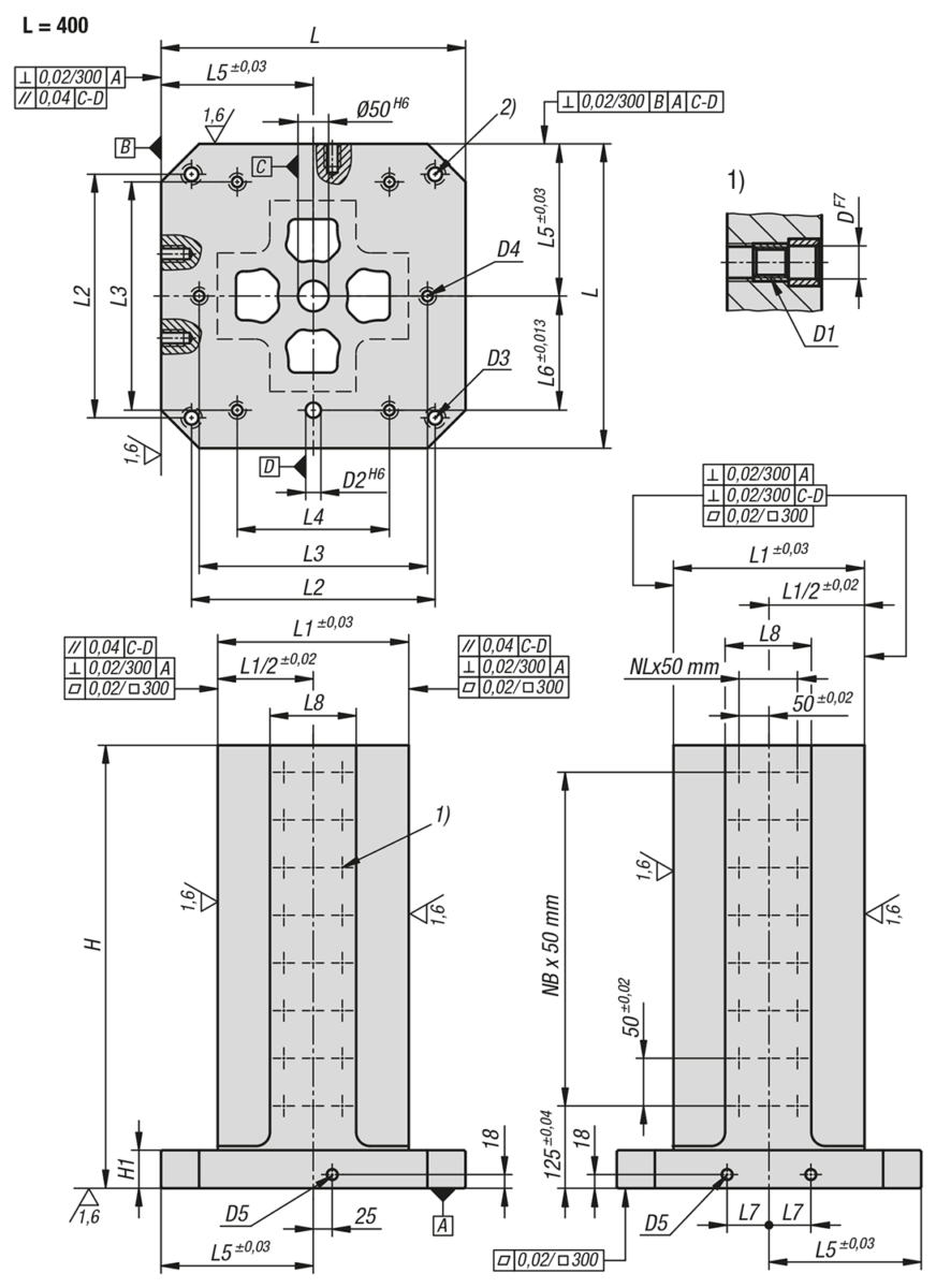 Torrette di serraggio ghisa grigia  4 lati con fori modulari