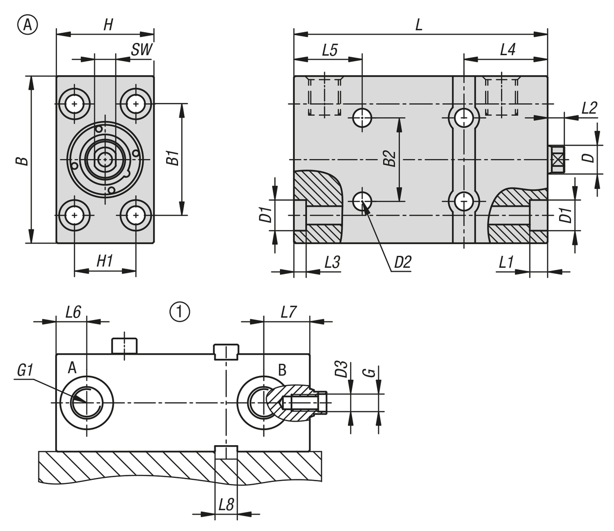 Cilindro a blocco idraulico con raschiatore in metallo ad azione doppia / semplice con ritorno della molla, forma A