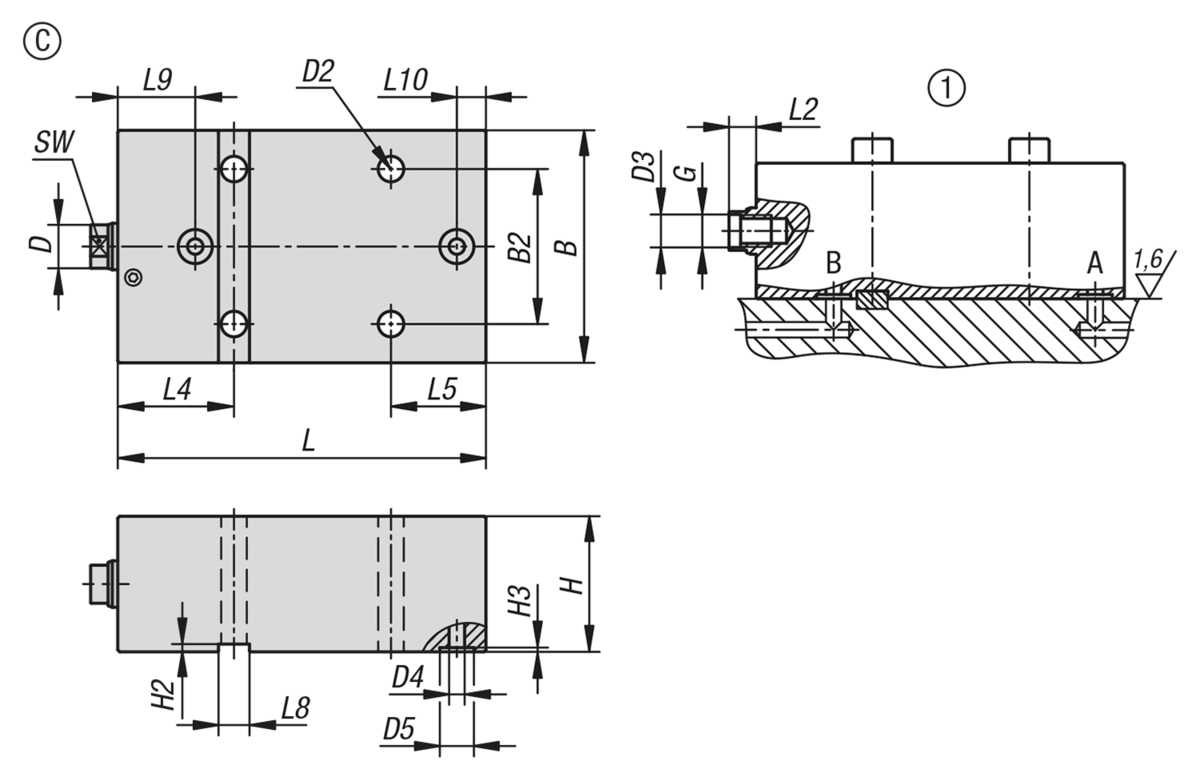 Cilindro a blocco idraulico con raschiatore in metallo ad azione doppia / semplice con ritorno della molla, forma C